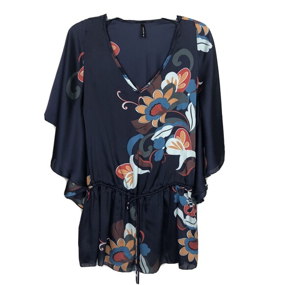 Colorful Floral Top Oversize S Butterfly Short Sleeve Navy Satin Blouson Slouchy - Picture 12 of 12